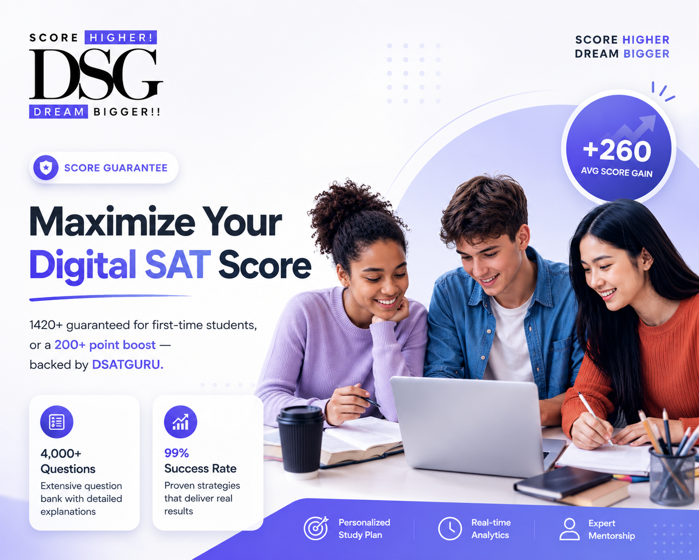 Maximize your Digital SAT score with DSATGURU — 200+ point score guarantee and 4,000+ practice questions